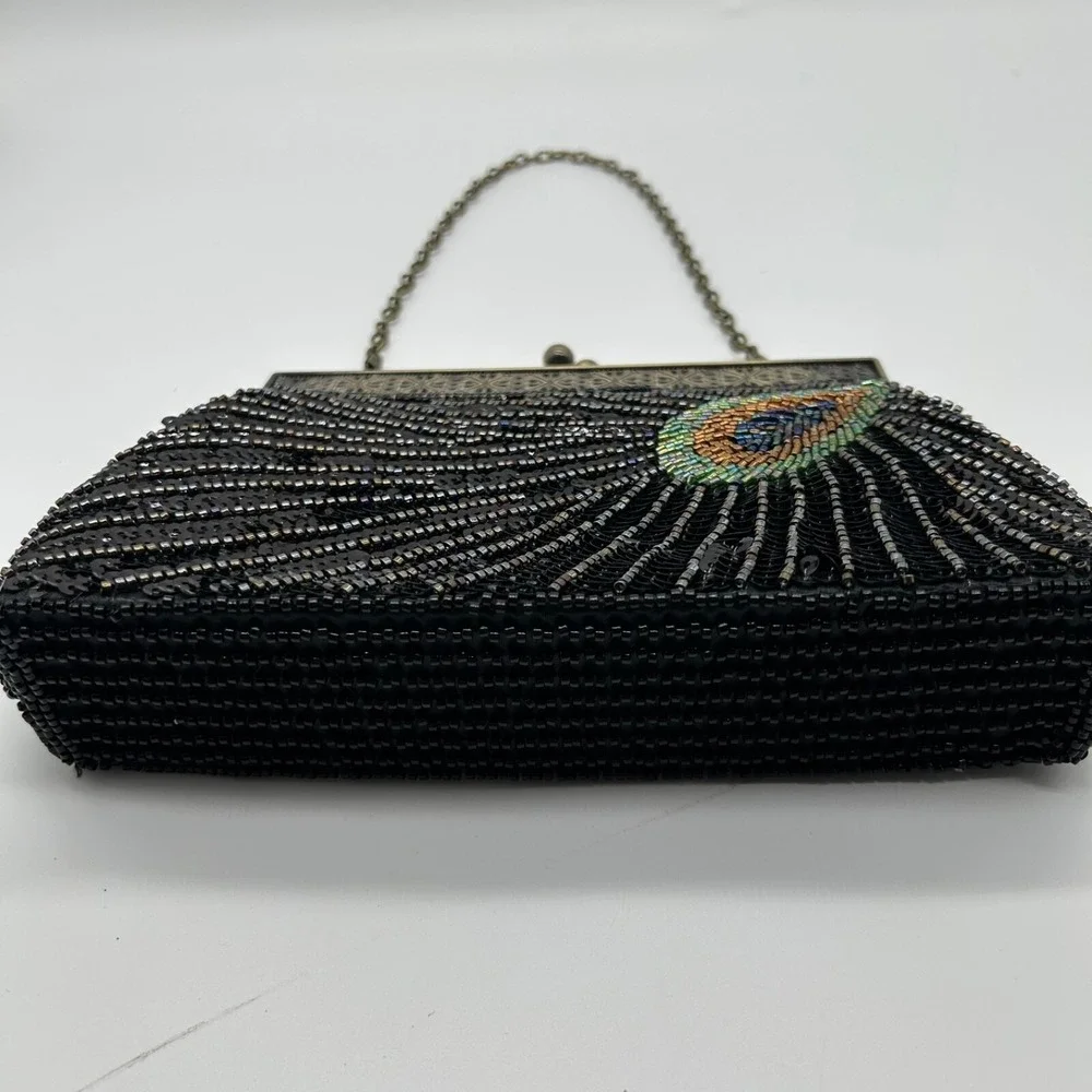 Peacock Black Clutch Purse Beaded Sequin Evening Bag Chain‎ Handle